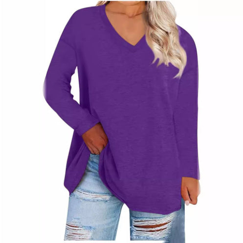 Solid Color Loose Drop Shoulder Sleeve V Neck Long Sleeve Blouse Meifu Market
