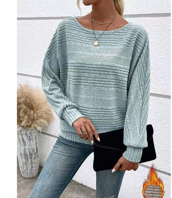 Solid Striped Batwing Sleeves T-shirt Fashion Casual Pullover Round Neck Long Sleeve Top Spring And Autumn Women's Clothing Meifu Market