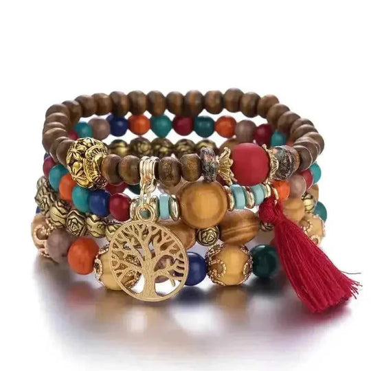 elastic bangle bracelet set | wooden beads jewelry | adjustable tree of life bracelet | ultrasonic cleaning