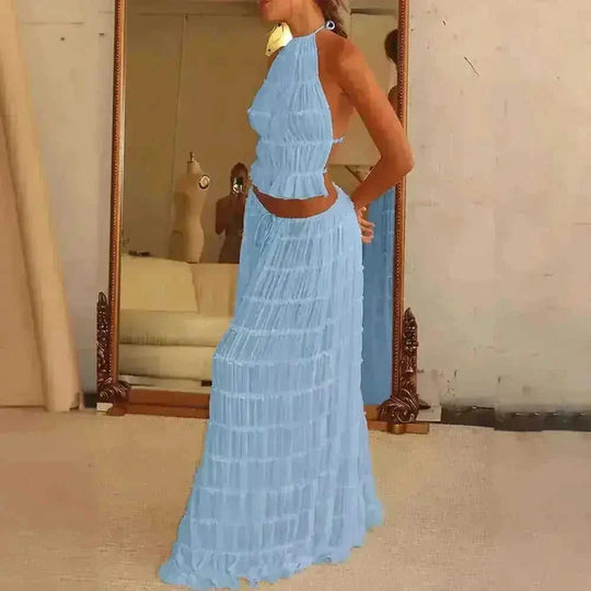 2pcs Women's Dress Suit Sexy Sleeveless Backless Cropped Halter Top And Pleated Long Skirt Beach Clothing - view 10...