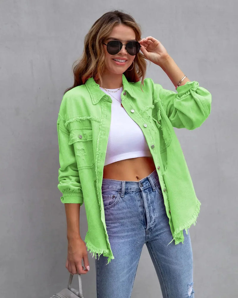 distressed denim jacket | ripped jean shirt | oversized shirt jacket | energy saving