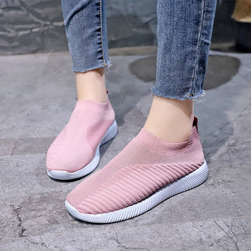 Stretch Mesh Breathable Flats Shoes Soft Sole Fly Knit Slip On Shoes 