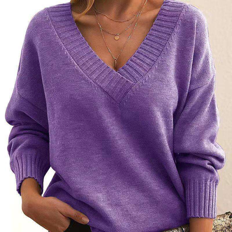 Solid V-neck Sweater Fashion Loose Long-sleeved Knitted Tops Autumn And Winter Women's Clothing Meifu Market