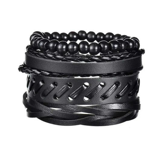 braided leather bracelet for men | vintage charm wood beads | adjustable wrap wristband | ultrasonic cleaning