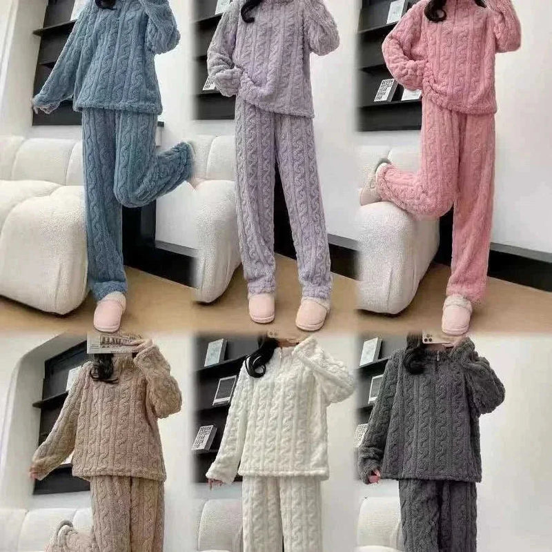 fleece-lined pajamas set | thermal couple sleepwear | matching winter homewear | energy saving