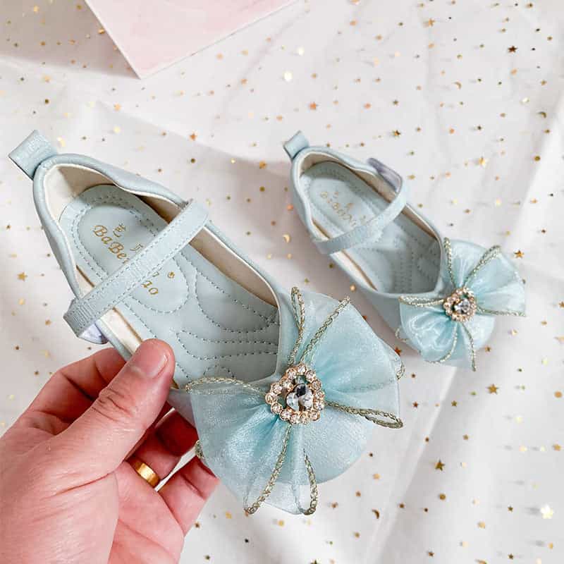 Spring New Girls' Single Shoes Cute Bow Rhinestone Soft Sole Flat Shoes 