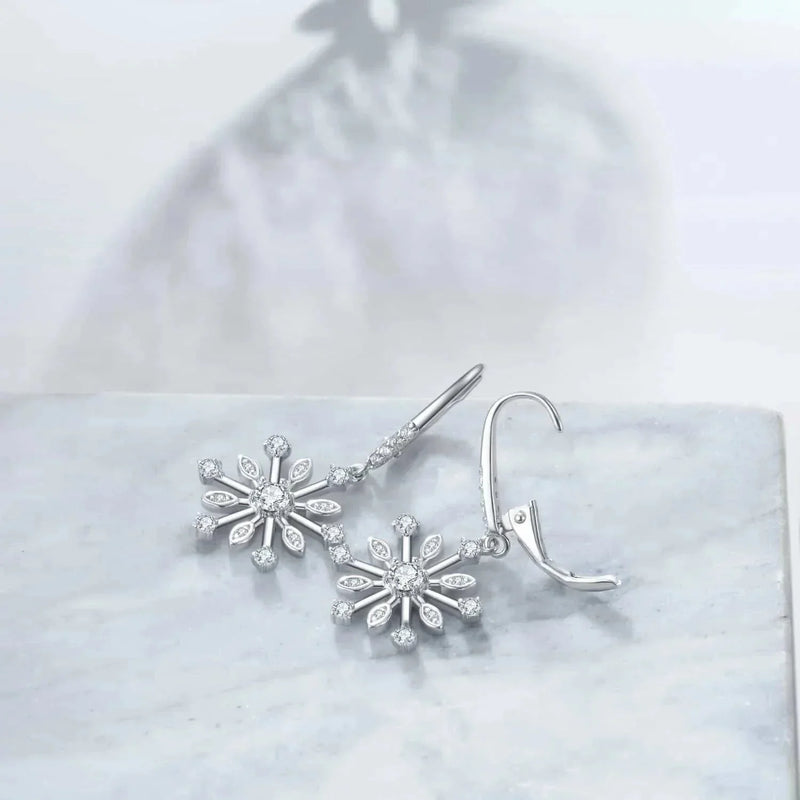 sterling silver leverback earrings | zirconia snowflake dangle earrings | hypoallergenic silver jewelry | energy saving