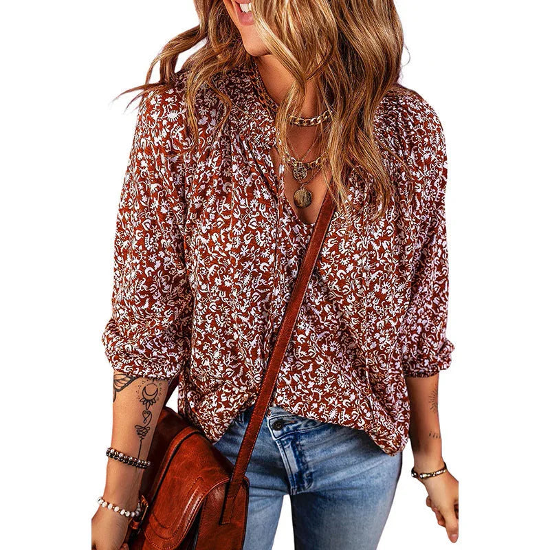 Printed Chiffon Shirt Sweet Wind Deep V-neck Long Sleeve Top Meifu Market