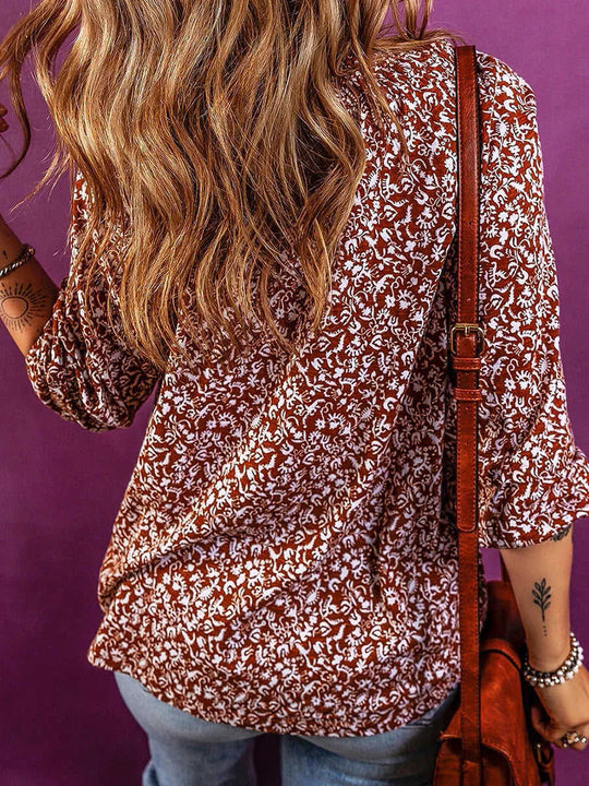 Printed Chiffon Shirt Sweet Wind Deep V-neck Long Sleeve Top L - color variant display
