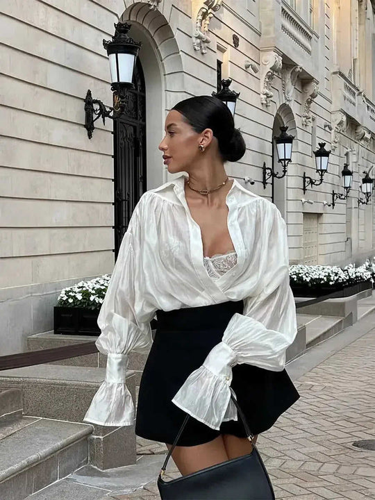 Ins French Lantern Sleeve Shirt Fashion Button Lapel Long Sleeved Tops Casual Women's Clothing Meifu Market