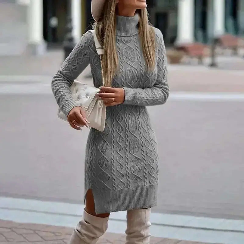 Fashion Turtleneck Knitted Dress With Slit Design Winter Warm Solid Color Pullover Long Sweater Women's Clothing Meifu Market