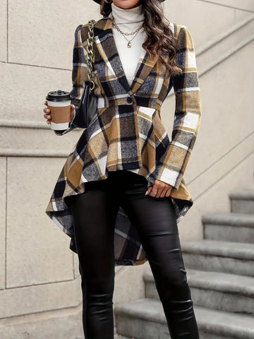 Plaid Pattern Button Front Jacket Long Sleeve High And Low Flared Jacket Meifu Market
