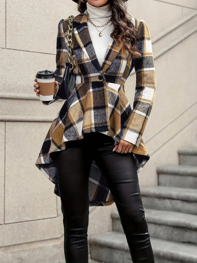 Plaid Pattern Button Front Jacket Long Sleeve High And Low Flared Jacket Meifu Market