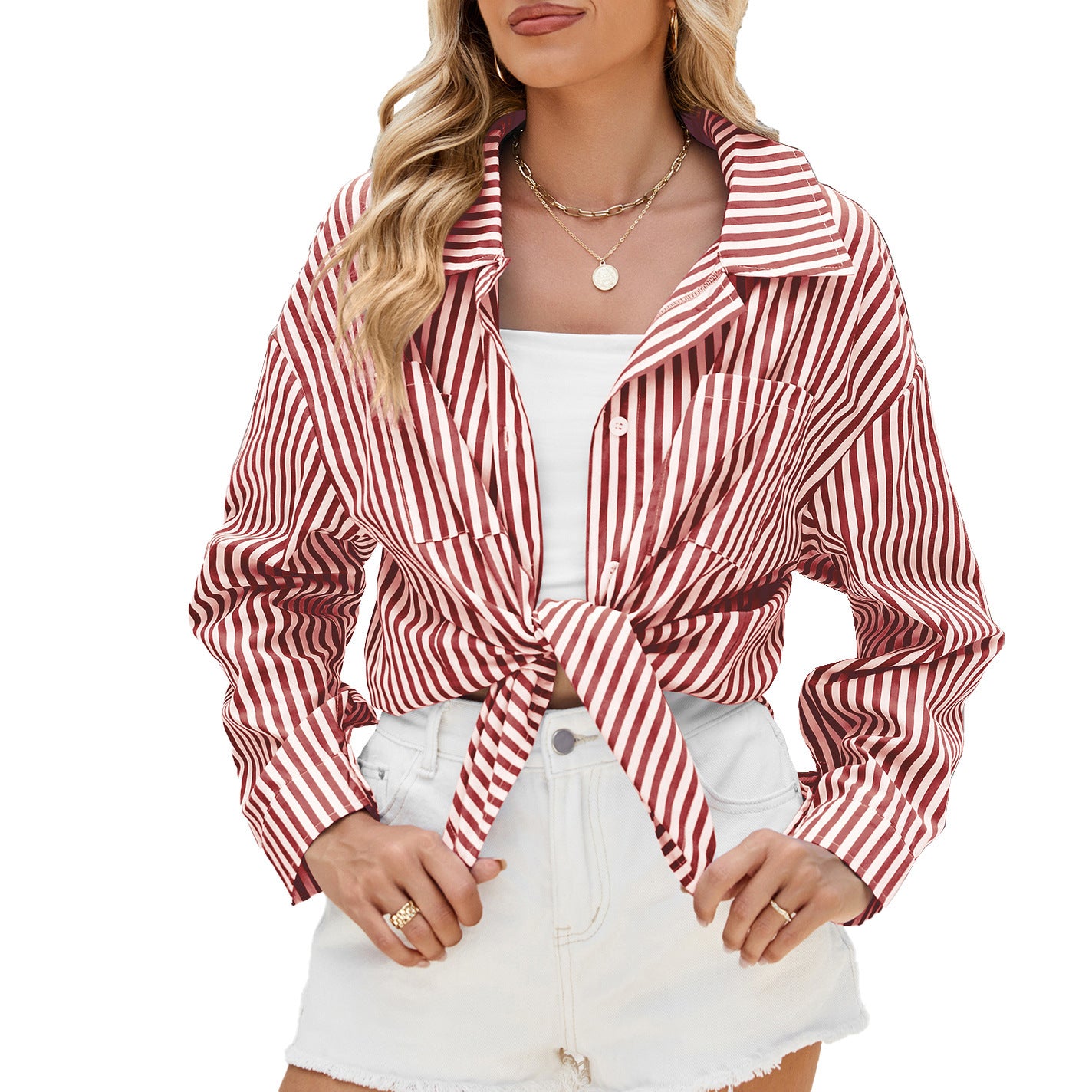 Fashion Striped Long Sleeve Shirt With Pockets Casual Loose Single-breasted Button Top Women Clothing Meifu Market