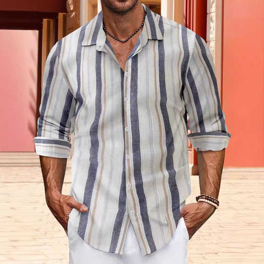 Striped Cotton And Linen Men's Lapel Long-sleeved Shirt Meifu Market
