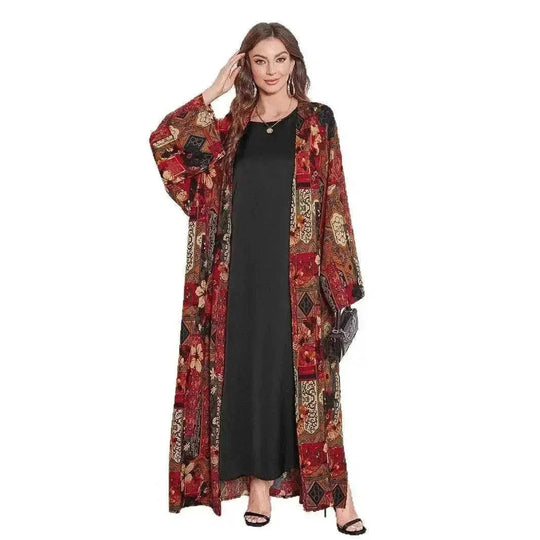 Middle East Dress Shawl Arabic Drop-shoulder Sleeve Printed Robe Black Apricot - close-up detail shot