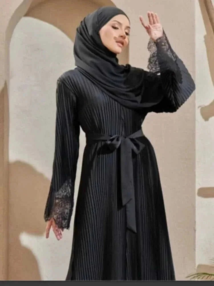 modest lace abaya | pleated kaftan dress | long sleeve prayer dress | energy saving