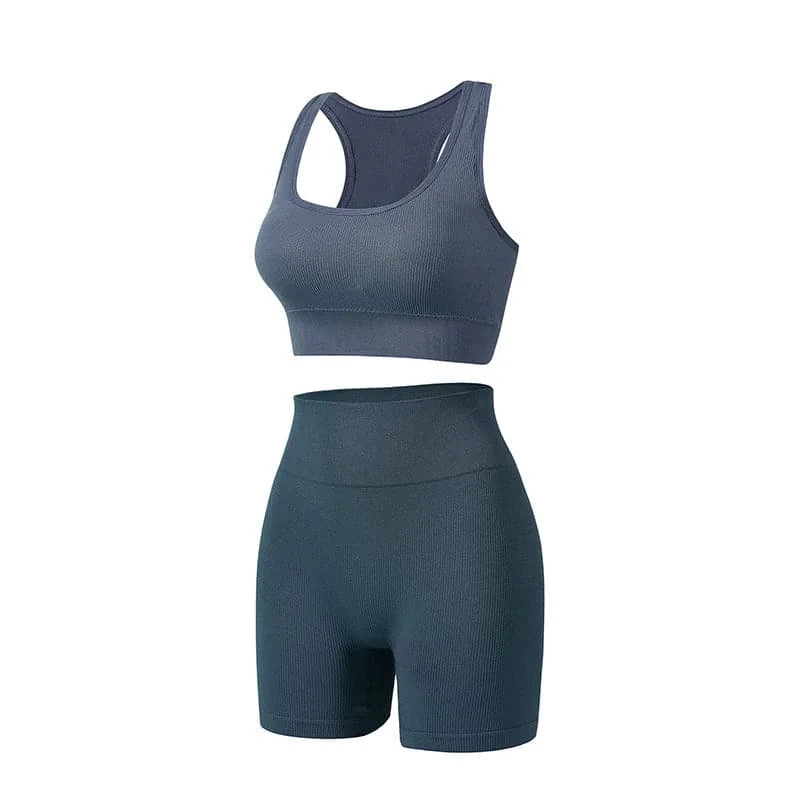 wireless sports bra | high-waisted yoga shorts | moisture-wicking fabric | energy saving