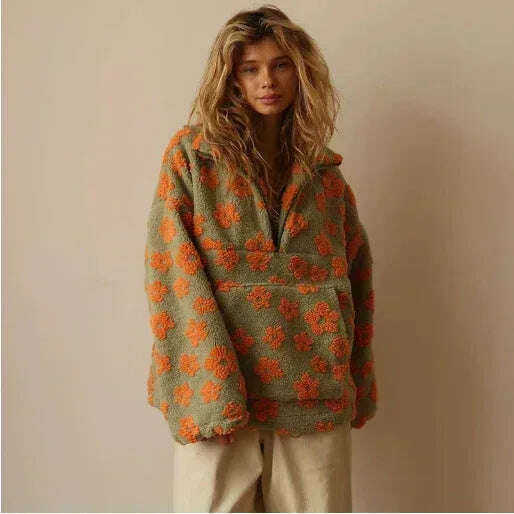 Winter Flowers Lambskin Sweatshirt With Big Pocket Casual Loose Zip-up Lapel Pullover Top Women's Clothing Meifu Market