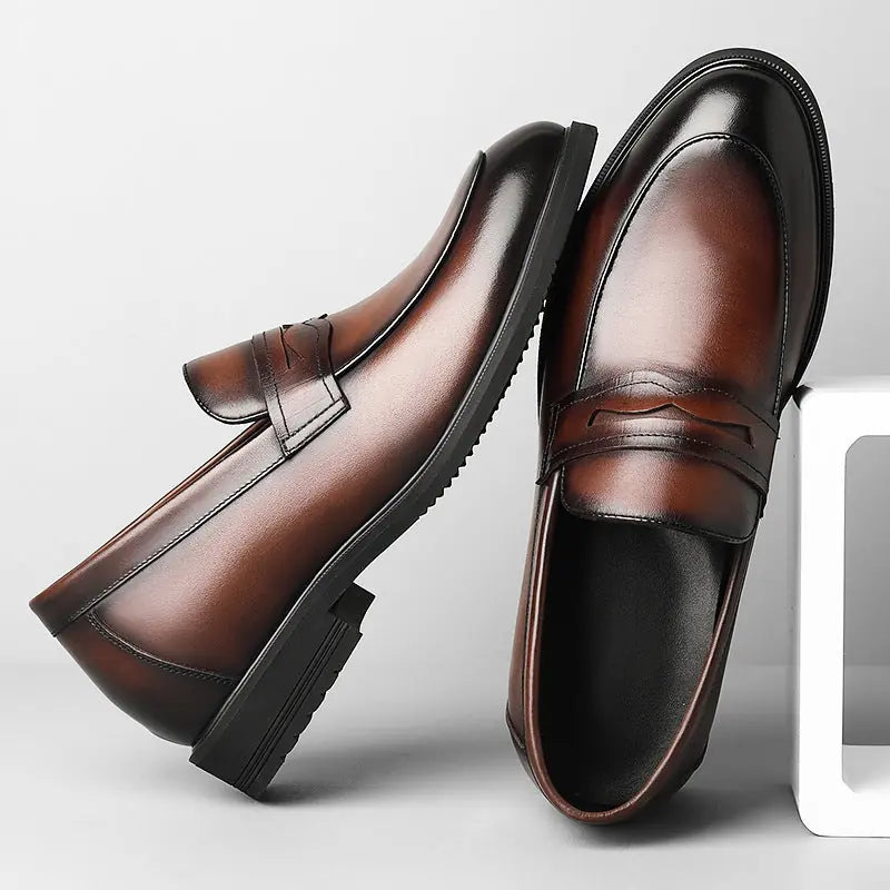 Cowhide Business Formal Wear Men's Slip-on Invisible Height Increasing Leather Shoes Meifu Market