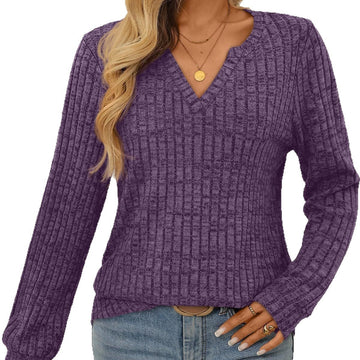 Women's V-neck Sunken Stripe Brushed Solid Color Top Meifu Market