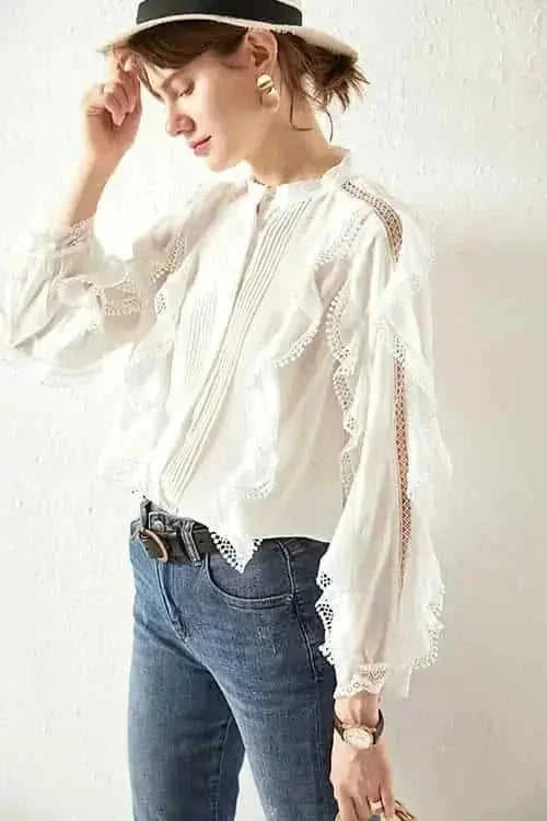 french linen shirt | loose fit blouse | lace trim top | ultrasonic cleaning