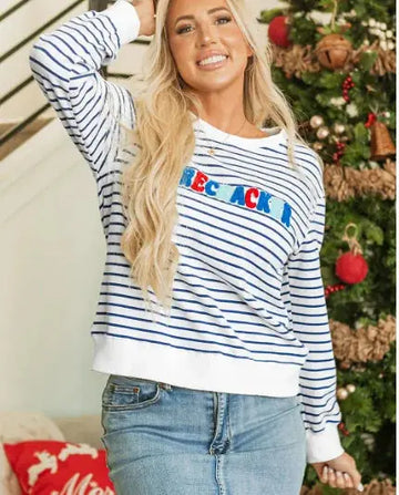 Embroidered Sweatshirt With Blue Stripes And Chenille