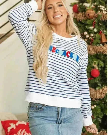 embroidered sweatshirt for women | blue striped sweatshirt | chenille lettering sweatshirt | ultrasonic cleaning