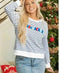 embroidered sweatshirt for women | blue striped sweatshirt | chenille lettering sweatshirt | ultrasonic cleaning