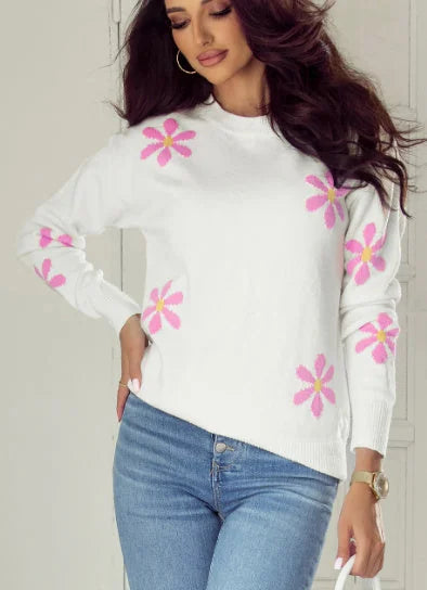 white flower pattern sweater | ribbed edge elegant sweater | womens floral knitwear | energy saving