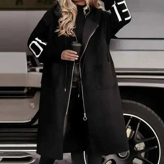 Hooded Windbreaker Long Jacket With Pockets And Drawstring Design Solid Color Knit-Sleeved Trench Coat For Women Clothing Fall Winter Meifu Market