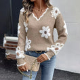 Women's Fall Floral Pattern V-Neck Sweater, Long Sleeve Pullover With Scallop Trim Casual Dressy Top Meifu Market