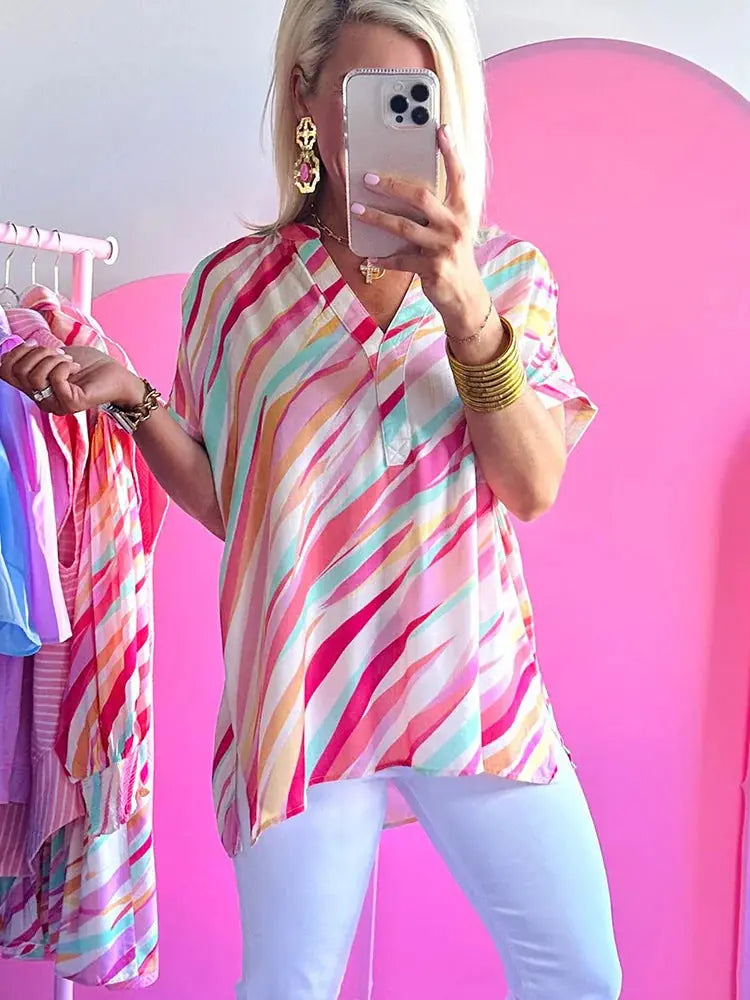 color blocking half sleeve top | polyester cotton blend | breathable fabric | ultrasonic cleaning