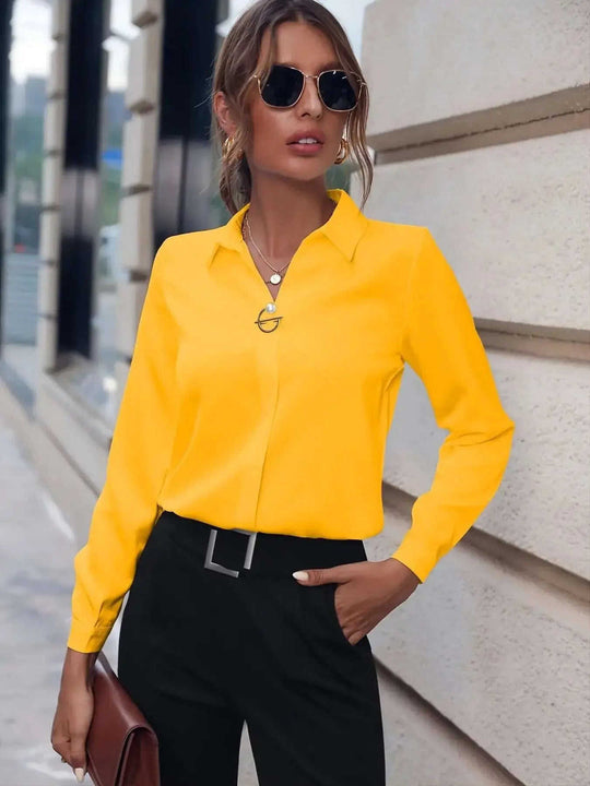 Commuter V-neck Long-sleeved Shirts Ins Fashion Solid Color Pullover Top Autumn And Spring Women's Clothing Meifu Market