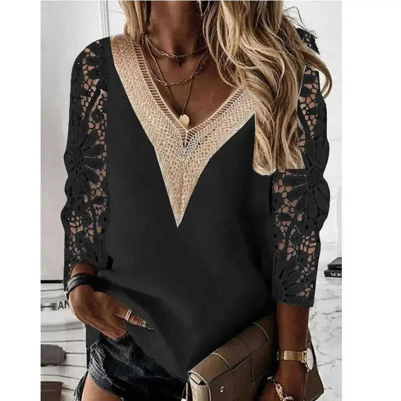 Commuter Nine-quarter Sleeve V-neck Stitching Hollow Lace Chiffon Shirt Pullover Meifu Market