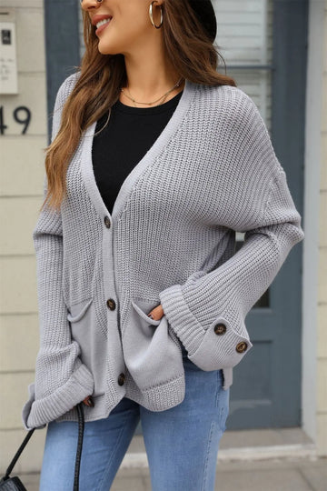 Fashion V-neck Knitted Cardigan Loose Sweater Long Sleeve Pocket Top Meifu Market