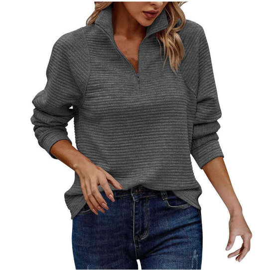 Zipper Stand Collar Pullover Sweatshirt Fashion Solid Striped Long Sleeve Top Spring And Autumn Women's Clothing Meifu Market