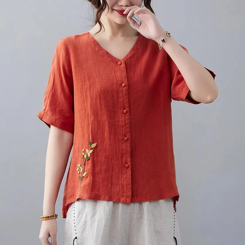 Women's Retro Linen Solid Color Short-sleeved T-shirt Meifu Market