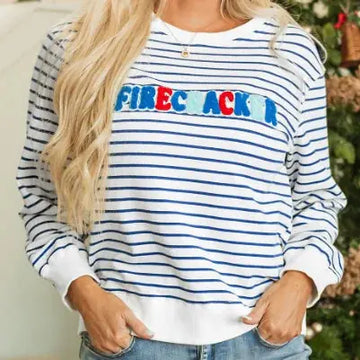 Embroidered Sweatshirt With Blue Stripes And Chenille