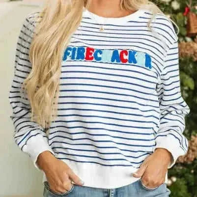 embroidered sweatshirt for women | blue striped sweatshirt | chenille lettering sweatshirt | ultrasonic cleaning