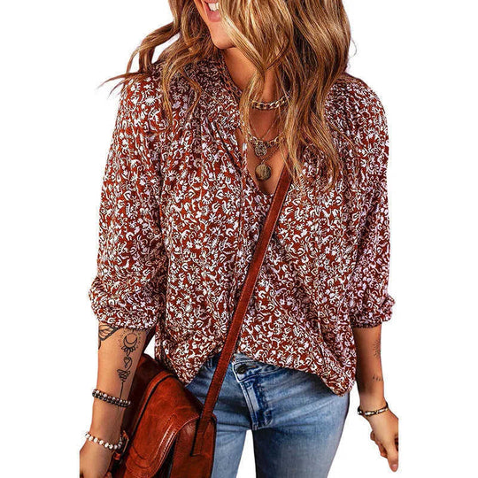 Printed Chiffon Shirt Sweet Wind Deep V-neck Long Sleeve Top L - available style options