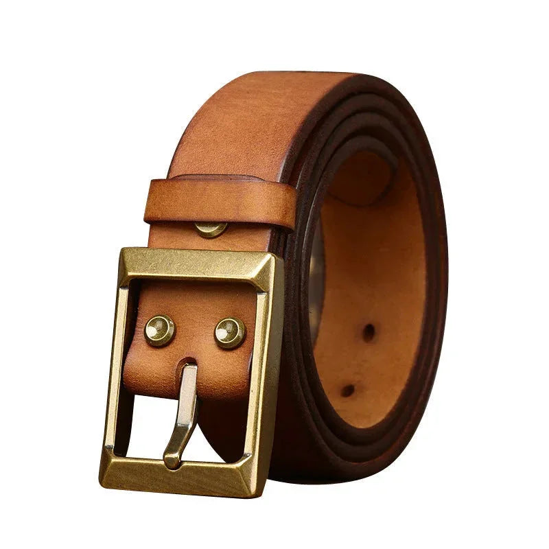thick full-grain cowhide belt | solid brass roller buckle | heavy-duty leather belt | energy saving
