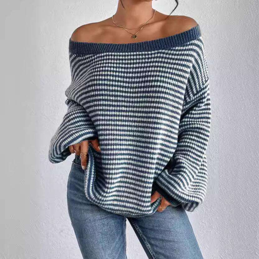 Women's Off-neck Shoulder-baring Sweater Contrast Color Meifu Market