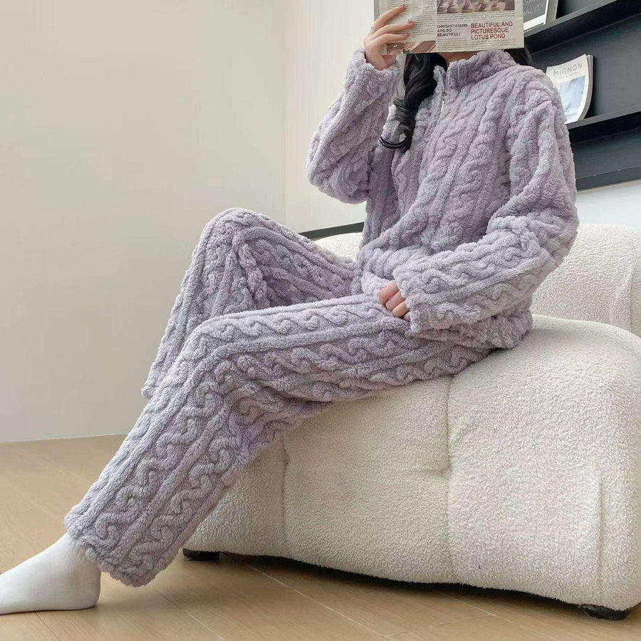 Autumn And Winter New Twist Zipper Couple Fleece-lined Thick Coral Fleece Pajamas Homewear Loungewear Sleepwear For Sleeping Meifu Market