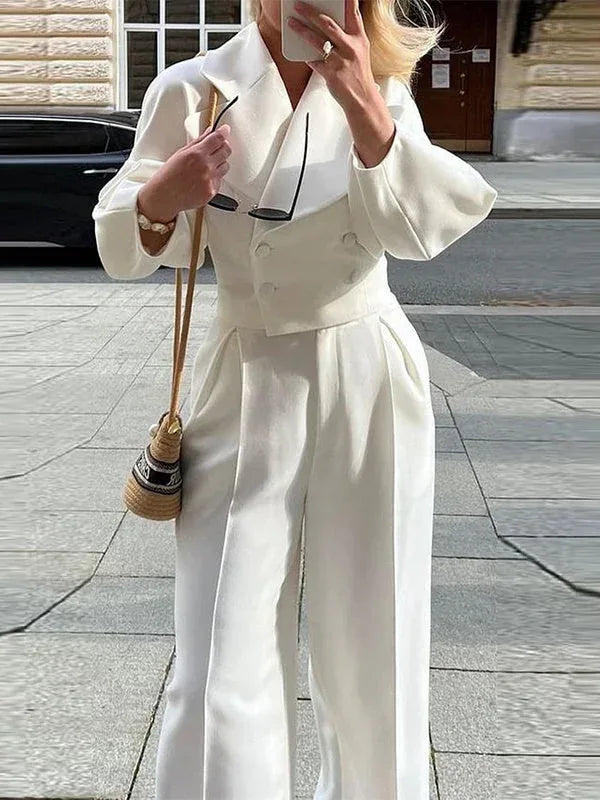 polyester blend suit set | petite size blazer pantsuit | high waisted trousers set | energy saving