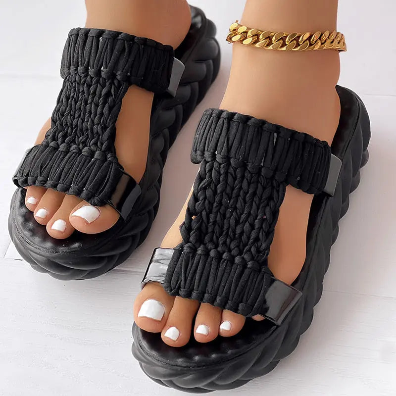 Platform Sandals Summer Braided Knit Hollow Open Toe Slipper Sandals - Anklet Not Included Meifu Market