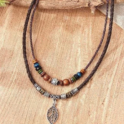 women pu leaf necklace | wooden bead jewelry | party necklace for women | energy saving