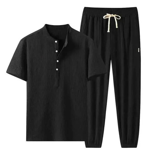 cotton linen blend fabric | short sleeve suit set | breathable summer suit | ultrasonic cleaning