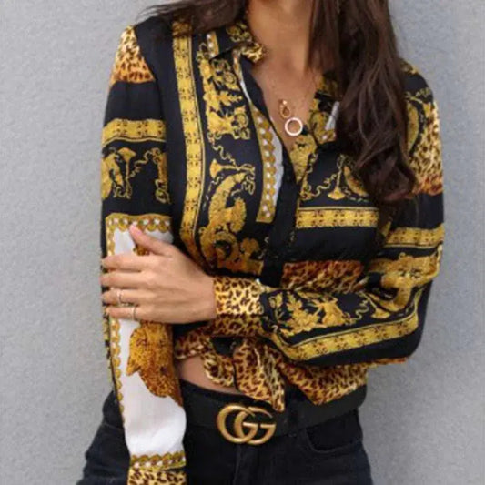 Elegant Print Loose Crop Shirt Ladies Button Down Shirt