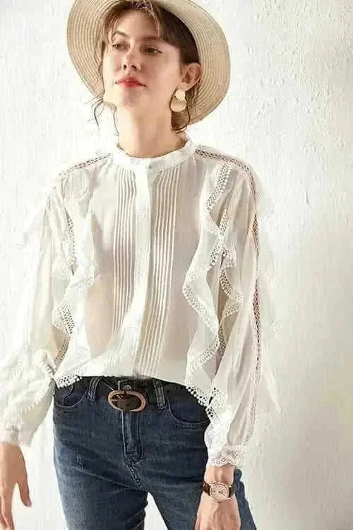 french linen shirt | loose fit blouse | lace trim top | ultrasonic cleaning